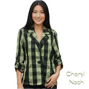 Cheryl Nash Black Green Metallic Plaid Jacket Blazer Size M